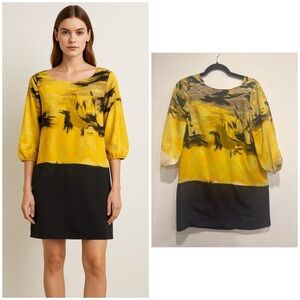BCBGMAXAZRIA 100% Silk Abstract Print Dress Black/Yellow Size S